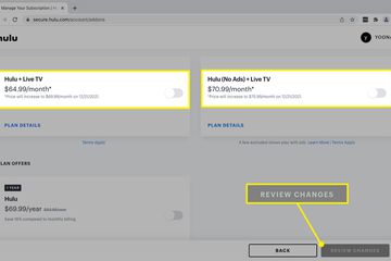 Hulu Live TV plans and the Review Changes options from the Manage Plans page.