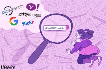 Illustration of a woman looking through a magnifying glass at different places for images.