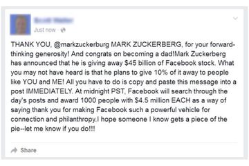 Fake Facebook message about Zuckerberg giving away Facebook stock