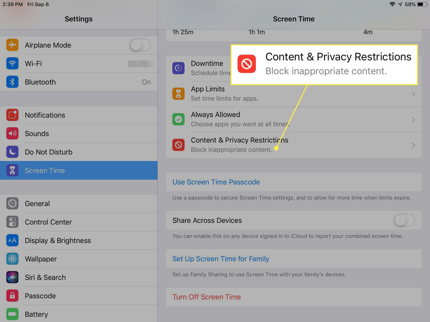 A screenshot of iPad's Screen Time settings with the "Content & Privacy Restrictions" option highlighted