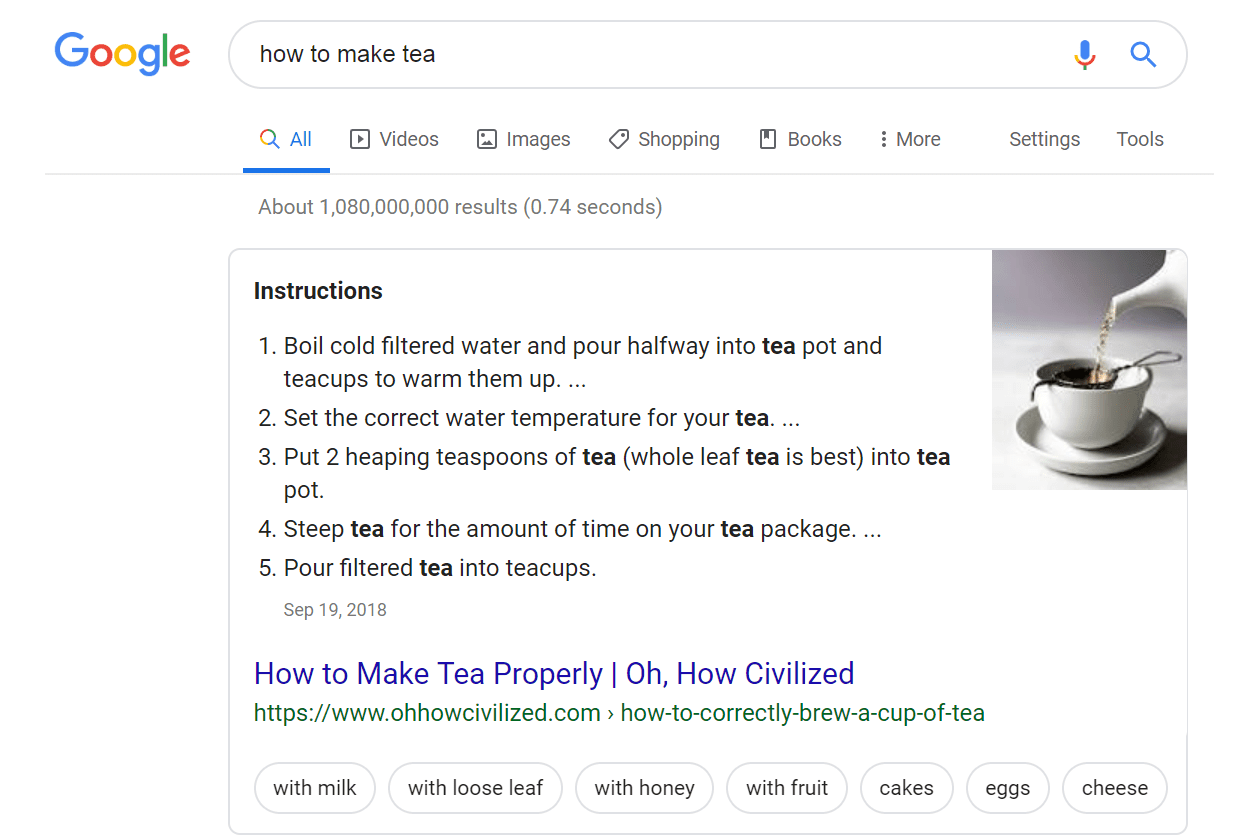 Google Search results for how to make tea