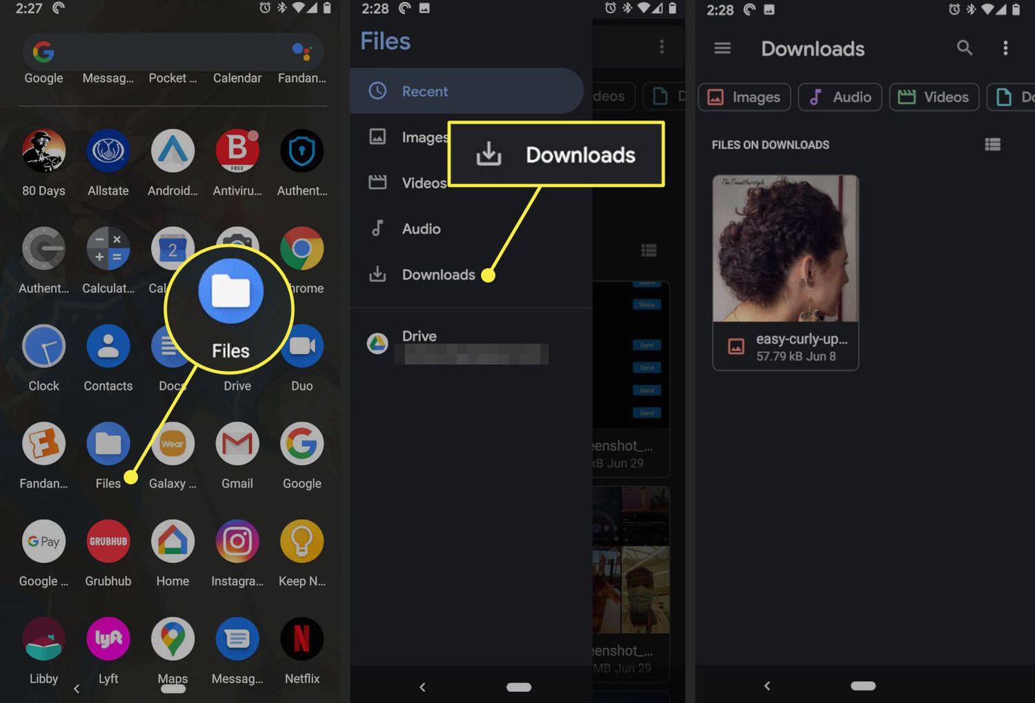 The Files app and Downloads folder in Android