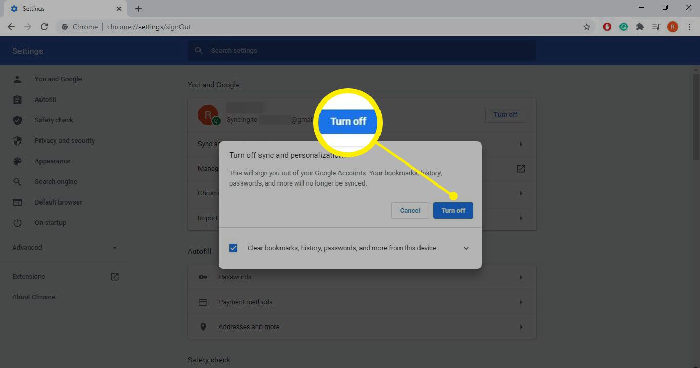 Select Turn off in the Google Chrome sync settings