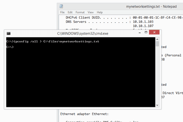 Screenshot showing how to redirect the ipconfig command results to a text file