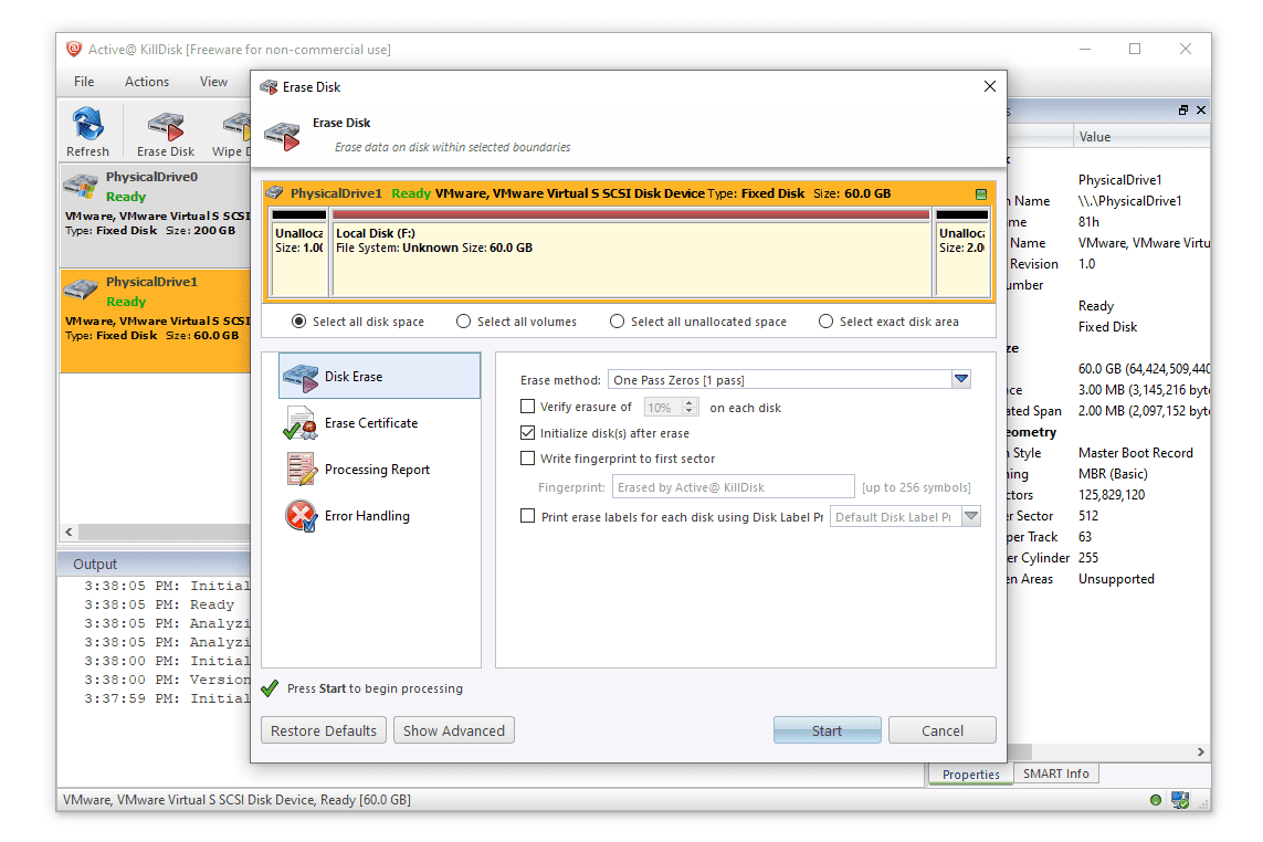 KillDisk erase disk screen