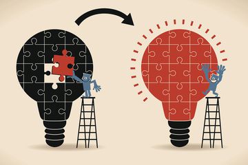 Illustration of businessman standing on ladder, completing an idea light bulb puzzle