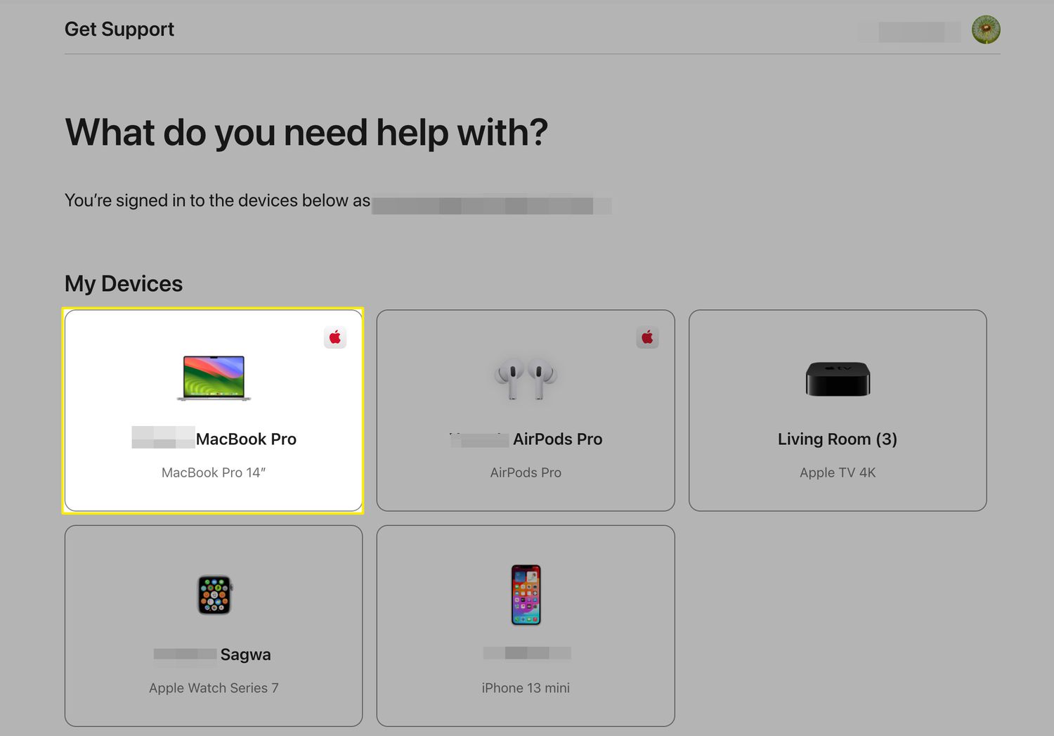 A list of Apple devices that displays when logged in to the Apple Support site with Apple ID.