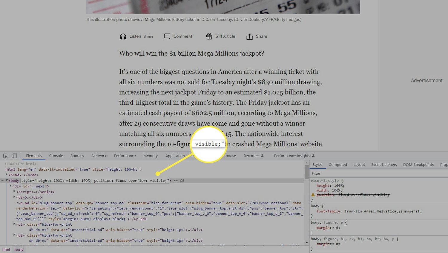 The text 'visible' highlighted in Chrome's developer tools which explains how to show some hidden content.