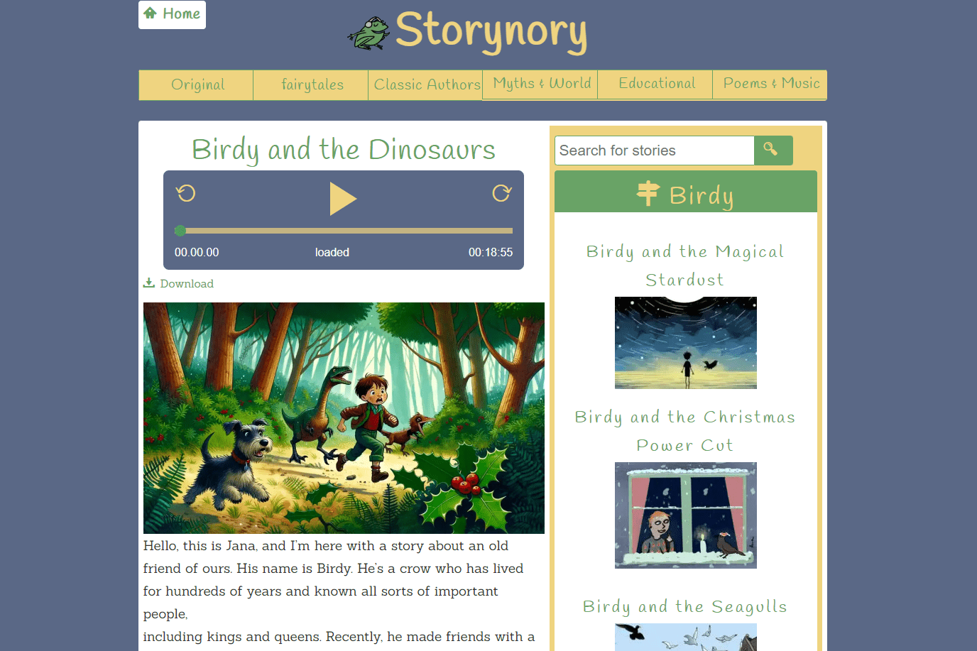 Storynory Birdy and the Dinosaurs audiobook for kids