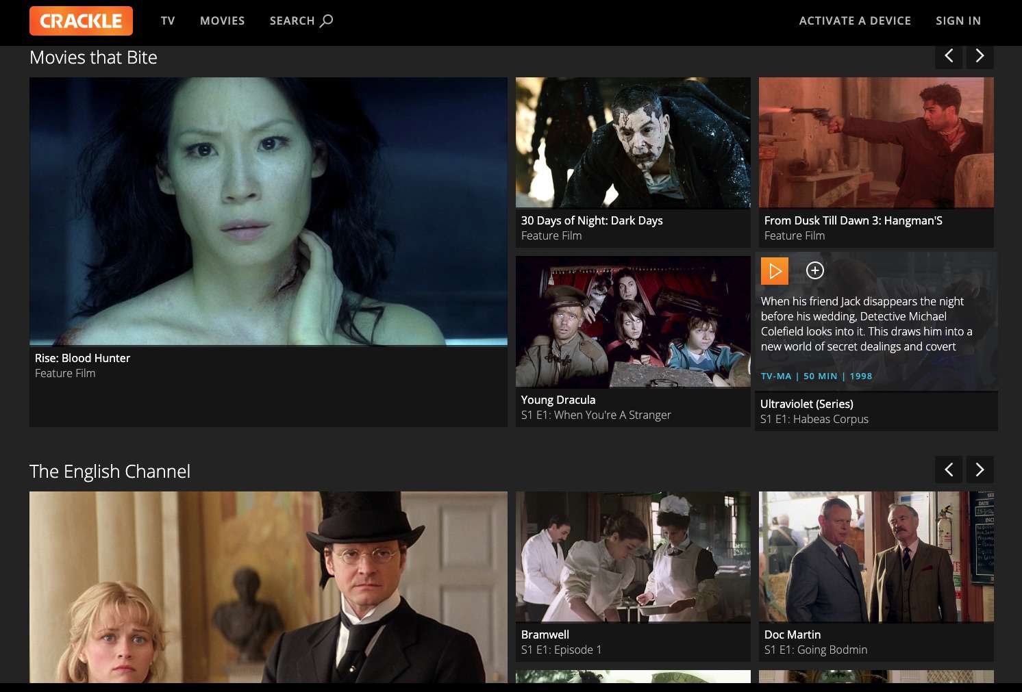 Crackle website featuring free entertainment