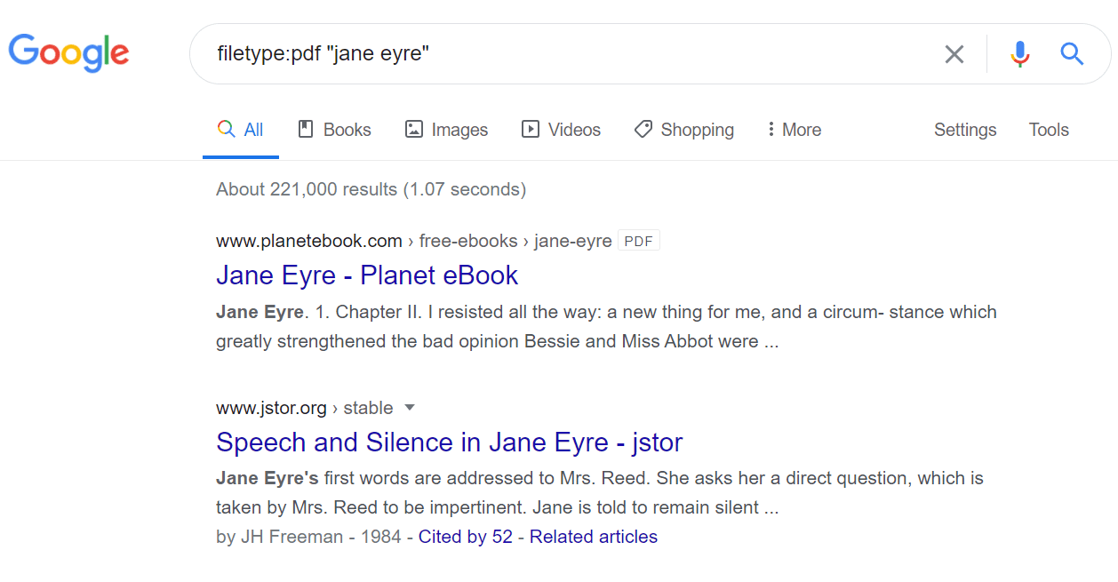 Google PDF search for Jane Eyre