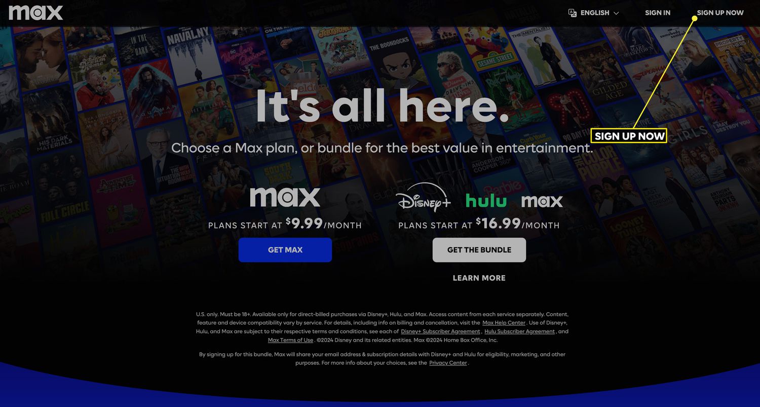 Sign Up Now button highlighted from the Max streaming service website