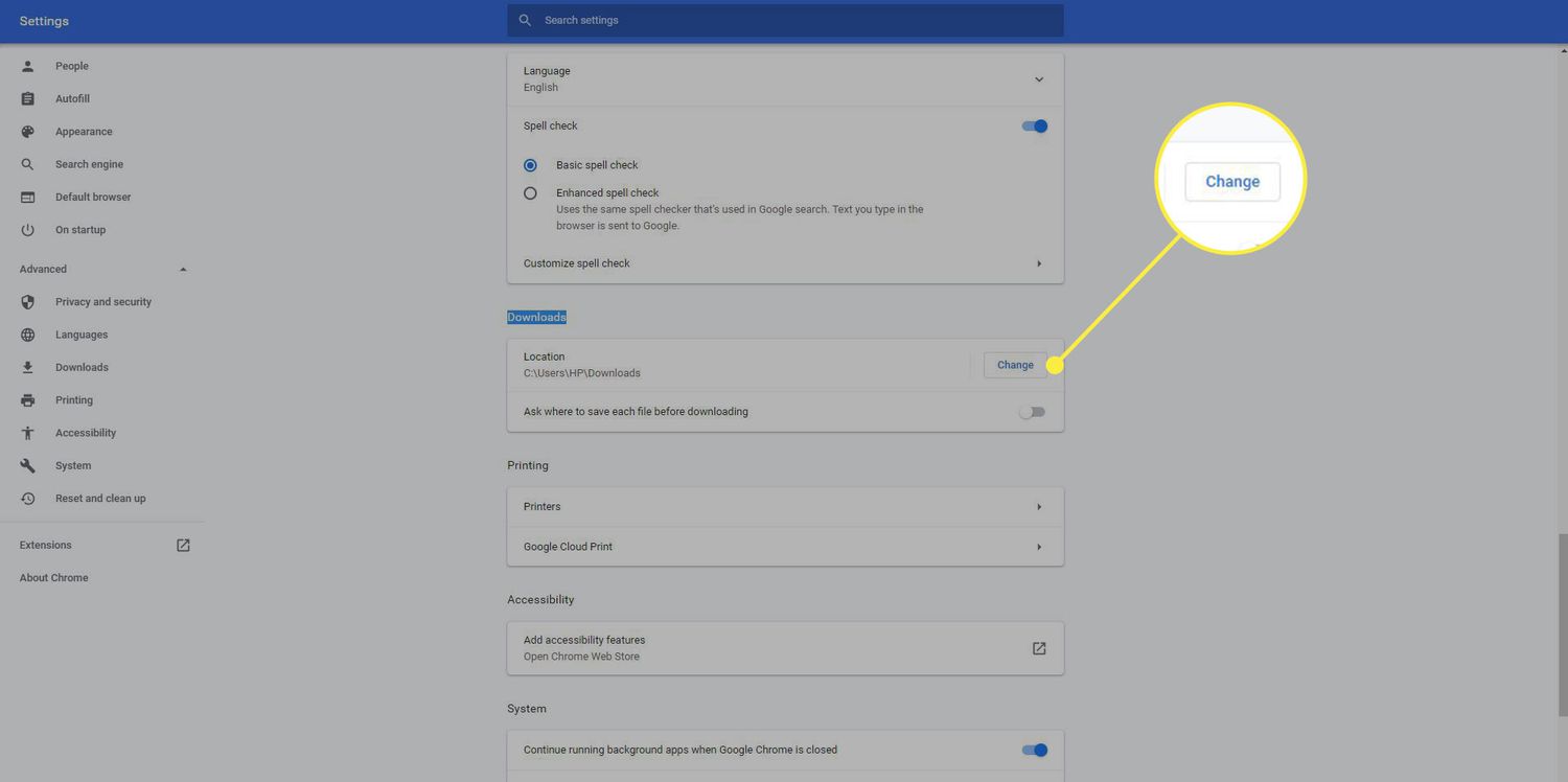 A screenshot of Google Chrome settings with the Change button under Downloads highlighted