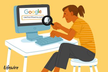 Illustration of a person typing "cache:lifewire.com" into Google search on a computer