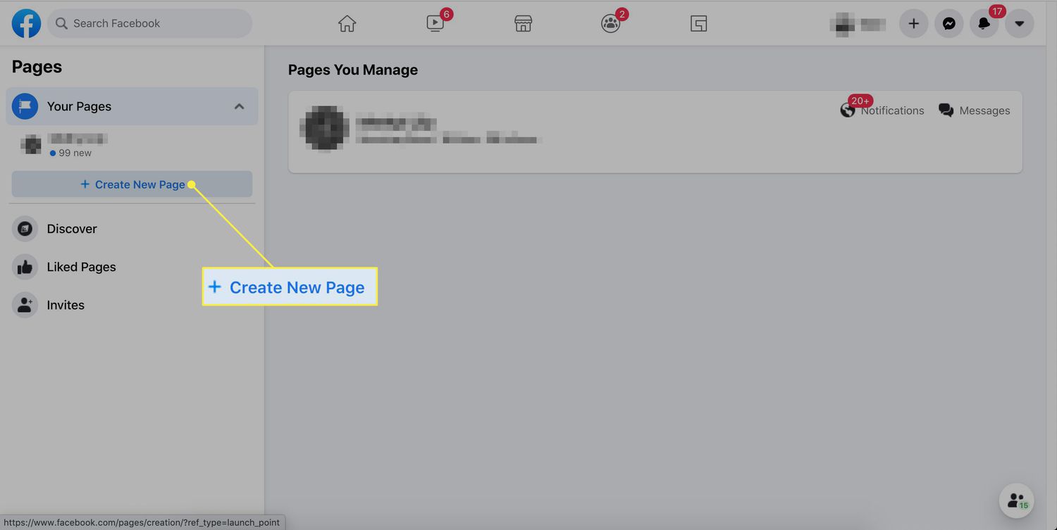 The "Create New Page" button on Facebook