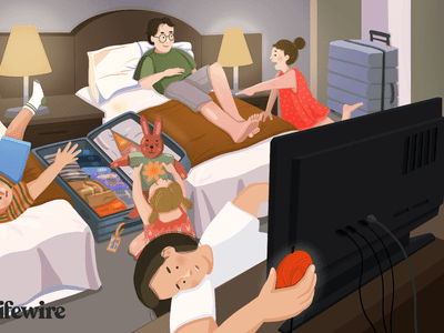 Illustration of a family in a hotel room with one person connecting a Chromecast to the television