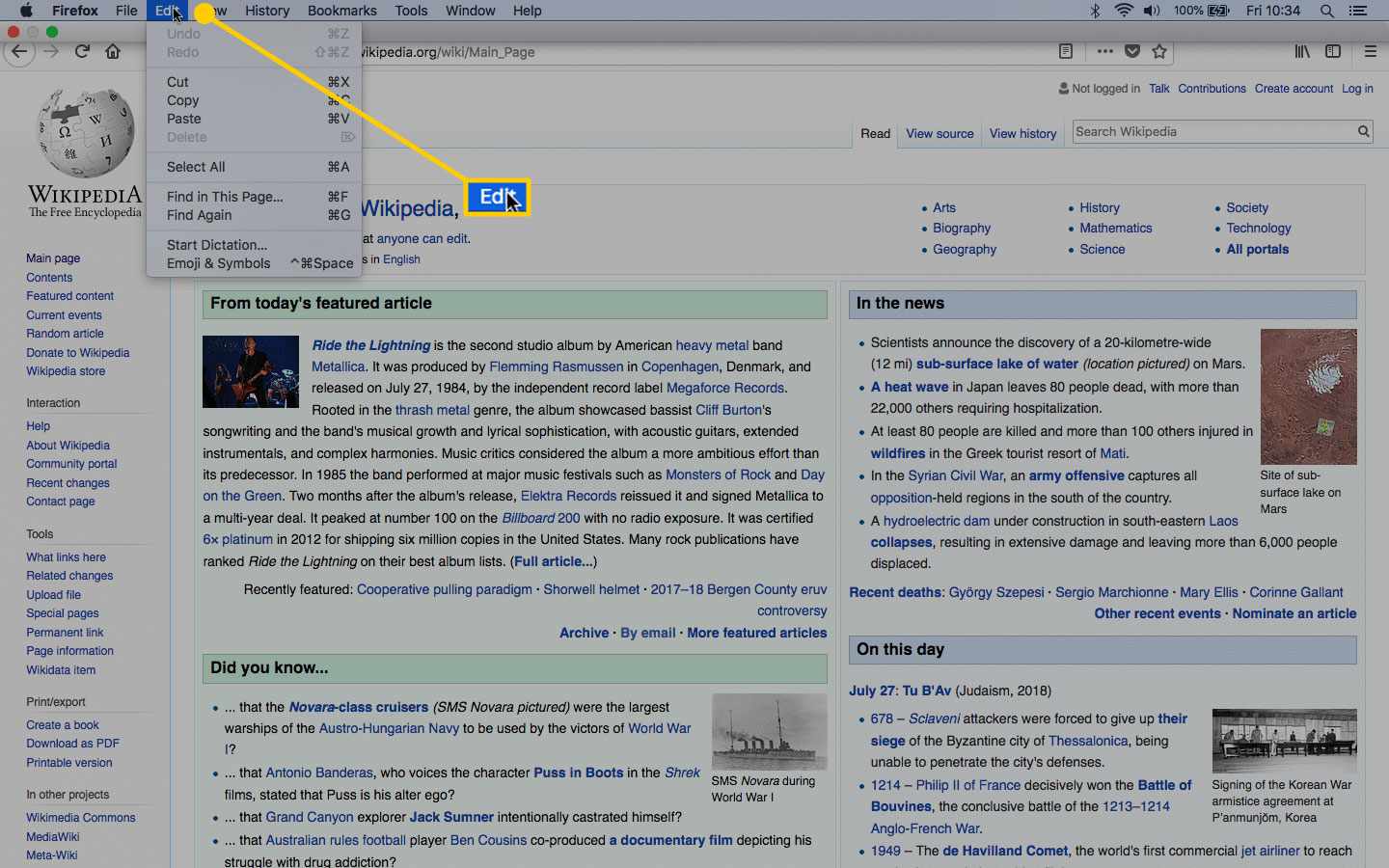 Safari on a Mac with the Edit menu highlighted