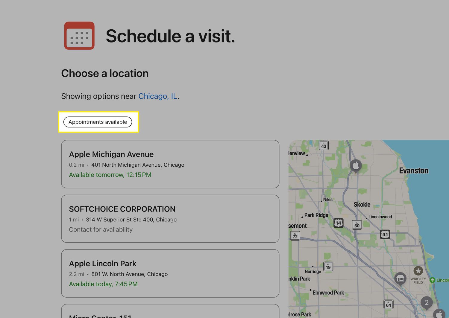 Locations and filters displayed when schedule a Genius Bar appointment from the Apple Support site.