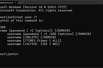 The net user help command results in Windows 11 Command Prompt