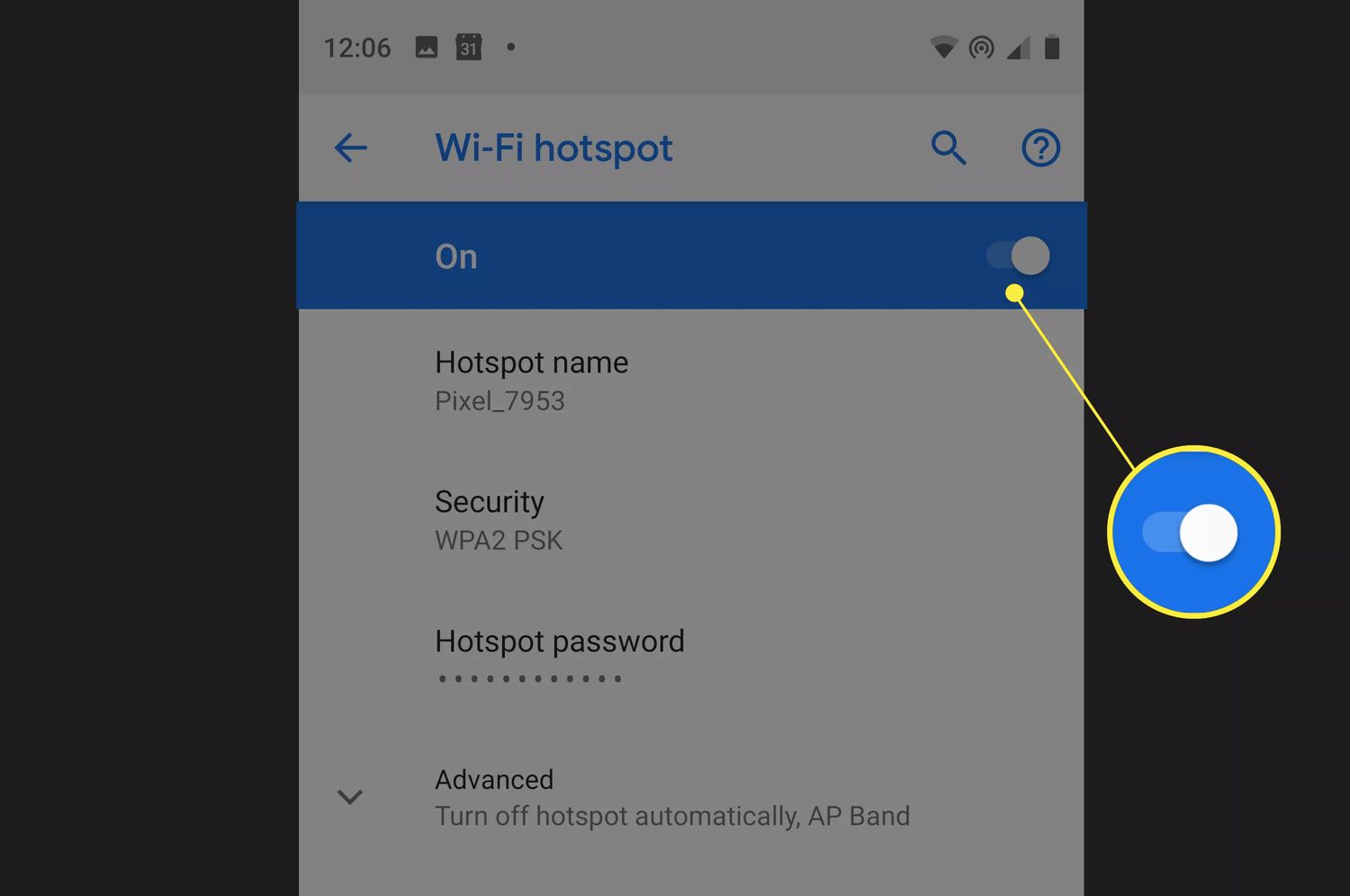 Wi-Fi hotspot toggle On for Pixel