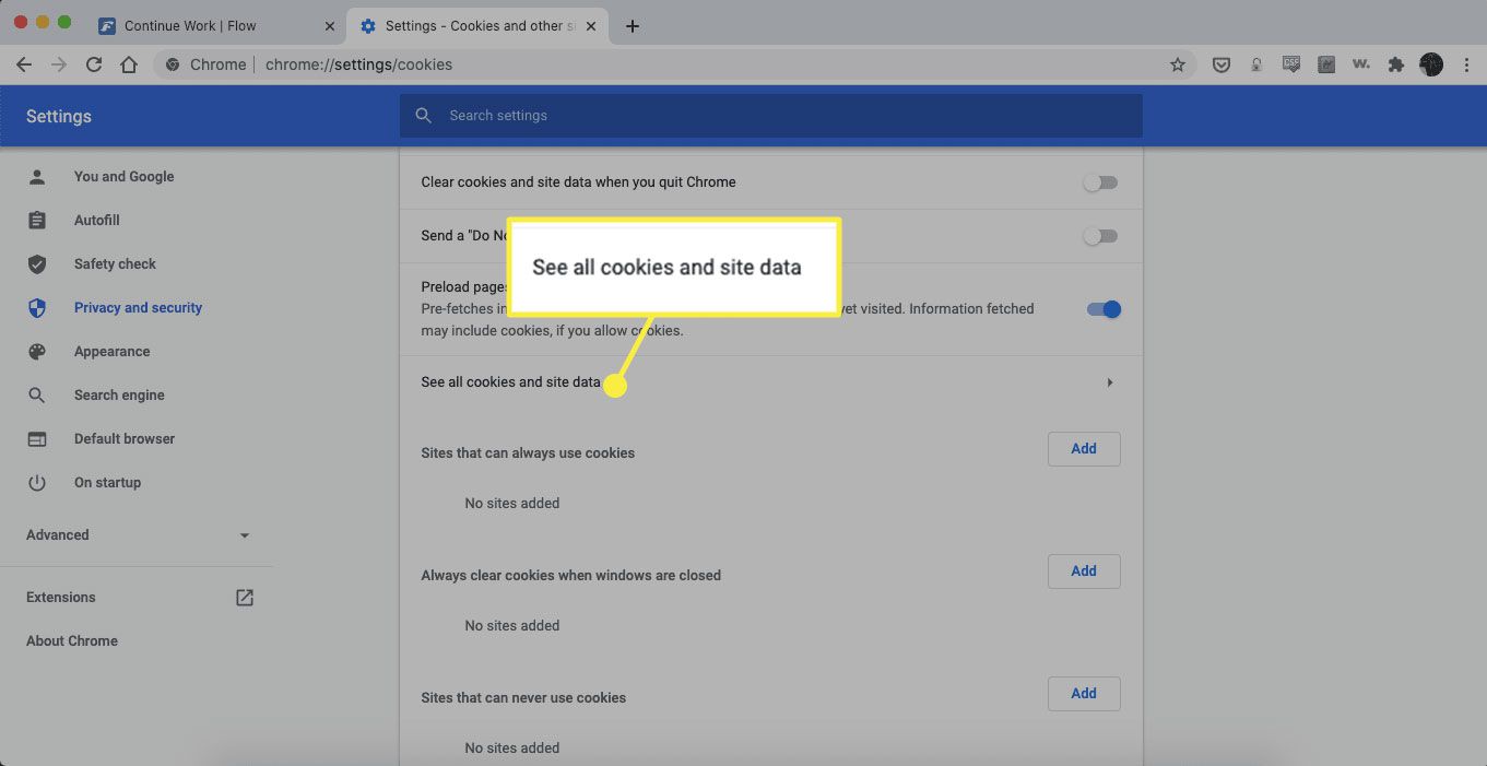 The "See all cookies and site data" heading in Chrome settings