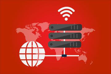 Red map of the world with 3 servers and wifi symbol above it.