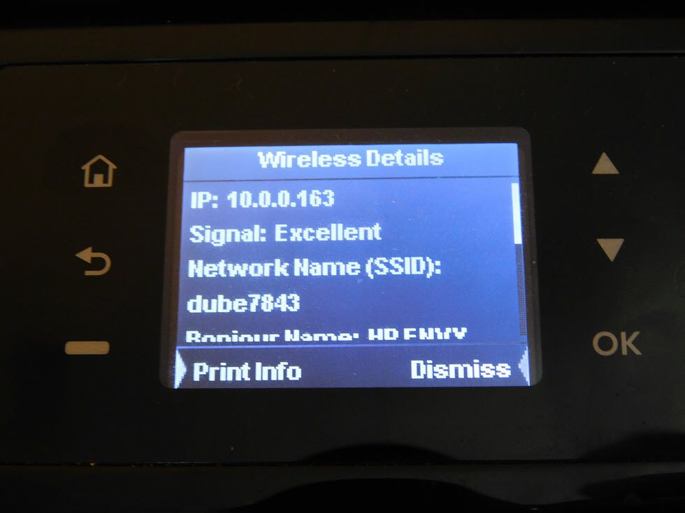 Printer IP address in the wireless details menu