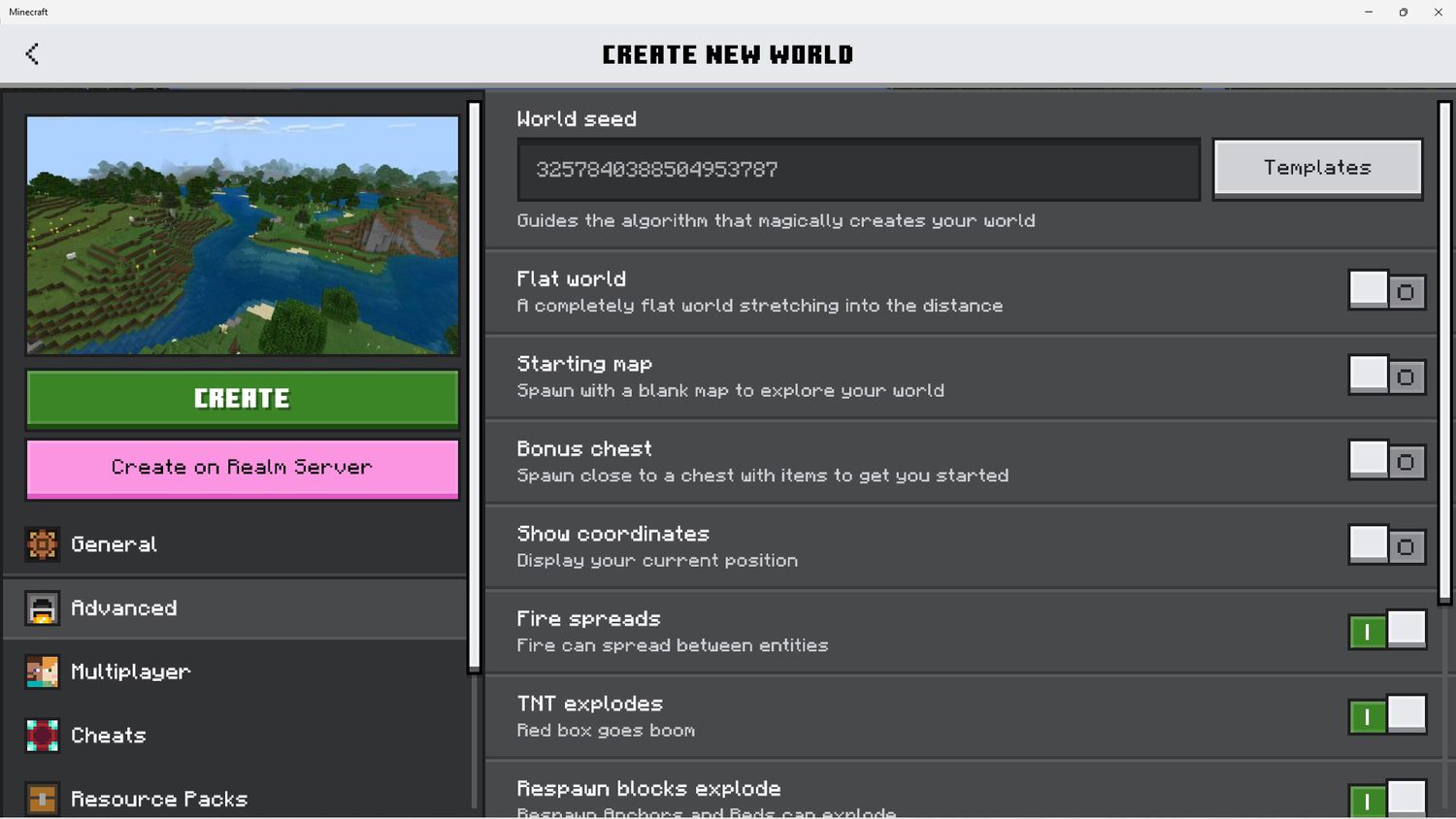 Advanced and World Seed field highlighted in Minecraft world creation settings