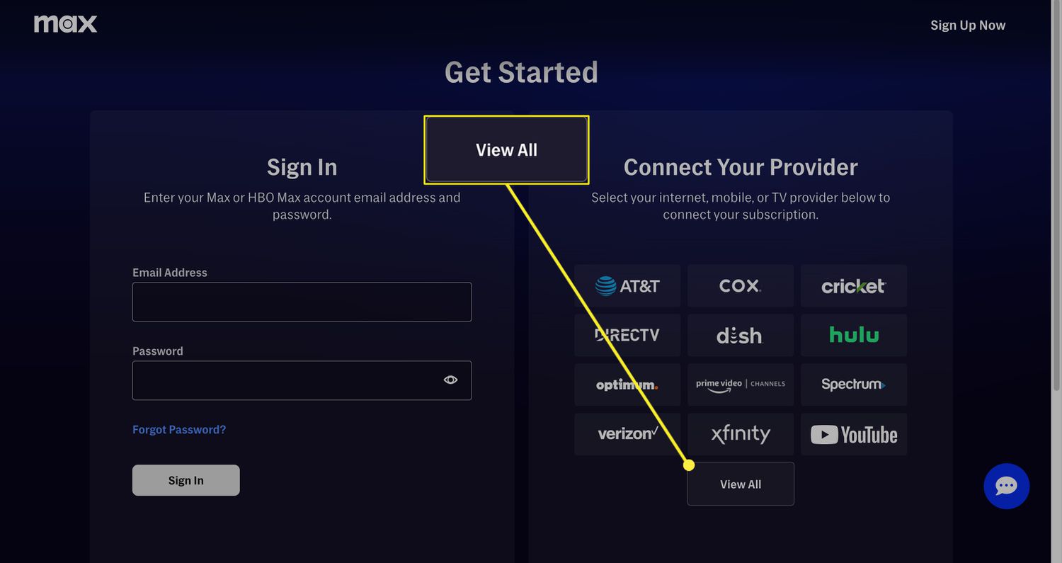 Max cable provider list and sign-in screen 