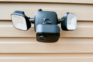 Blink Outdoor 4 Floodlight camera on light colored vinyl siding.