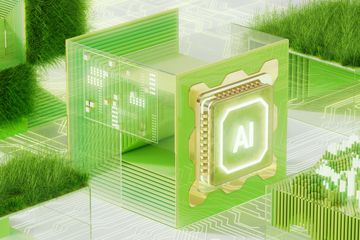 Green concept; a digital AI chip against a grassy green background.