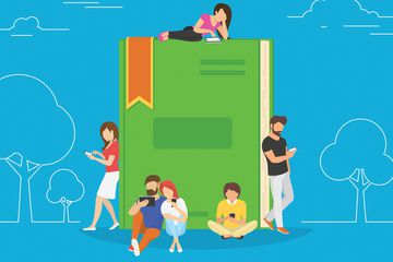 Drawing of a group of people reading ebooks on their smartphones while leaning on a giant green paper book.