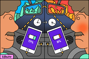 Illustration of two scenes showing a 17% phone charge and a 9% phone charge in a car