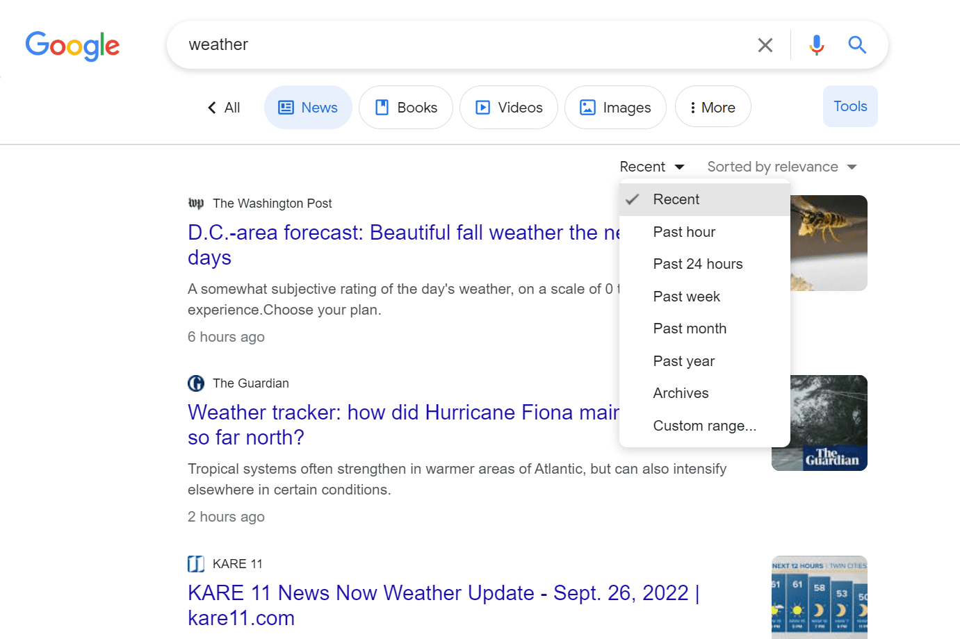 Recent weather-related news on Google