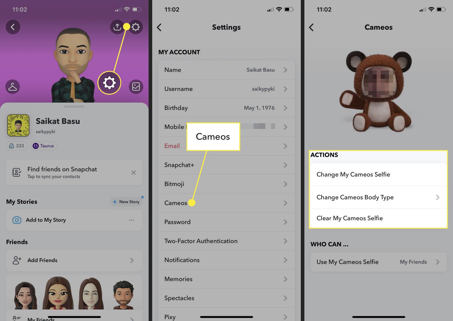 Settings Gear, Cameo, and Actions menu in Snapchat