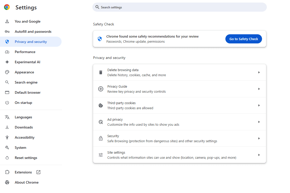 The Privacy and Security settings in Chrome