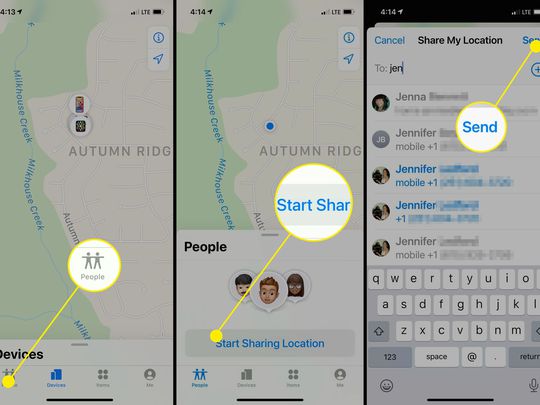 Screenshots showing how to send someone an invitation to connect on Find My.