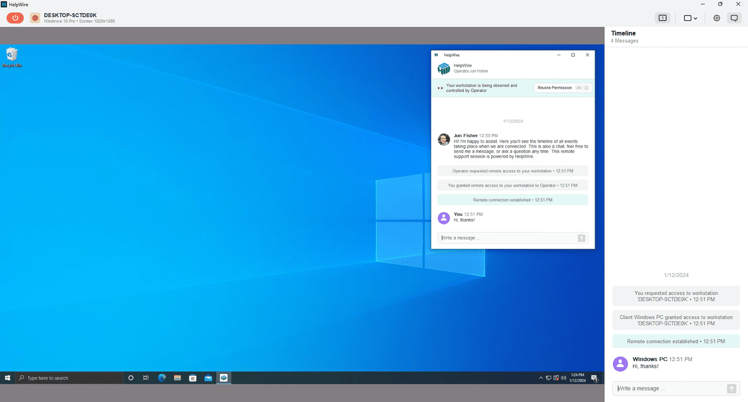 A remote desktop session through HelpWire