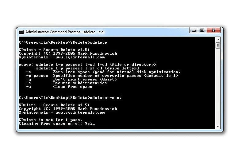 SDelete in Command Prompt in Windows 7