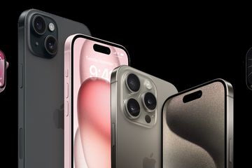 The iPhone 15, iPhone 15 Pro, and two Apple Watch Series 9s on a black background