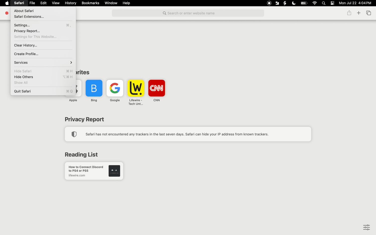 The Safari menu on a MacBook Pro