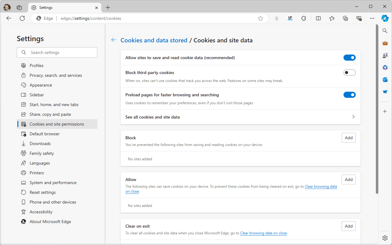 Microsoft Edge's cookies toggle switched on