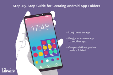 Illustration of a guide to create Android app folders with a hand holding an Android phone