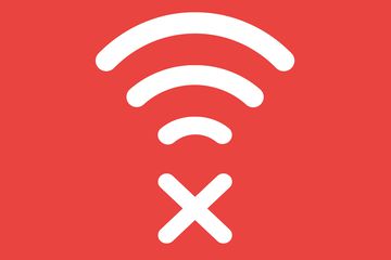 A white disconnected Wi-Fi internet logo on a red background.