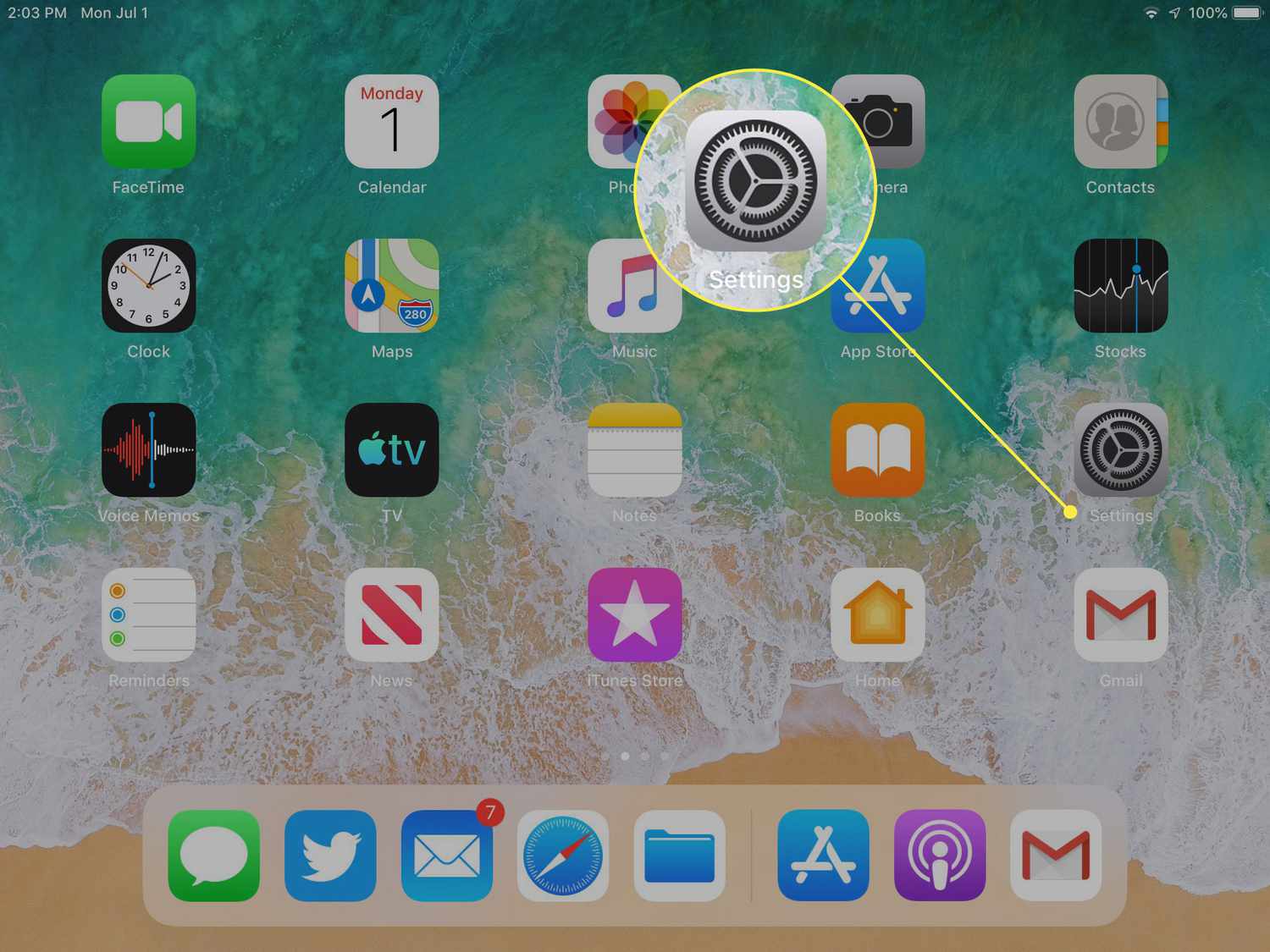 Screenshot of an iPad home screen with the Settings icon highlighted