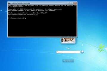 Screenshot showing how to use the net user command to reset a Windows 7 password with cmd.exe