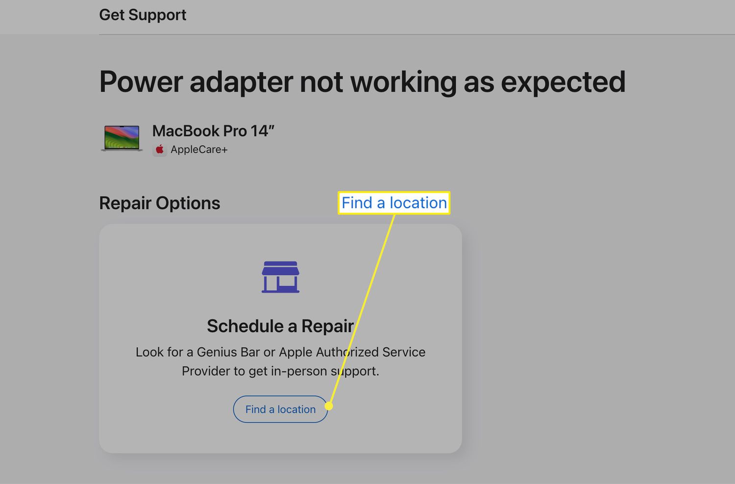 Find a location option when seeking a Genius Bar appointment from the Apple Support site.