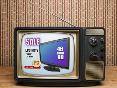 A vintage television with a color advertisement shown on the screen.