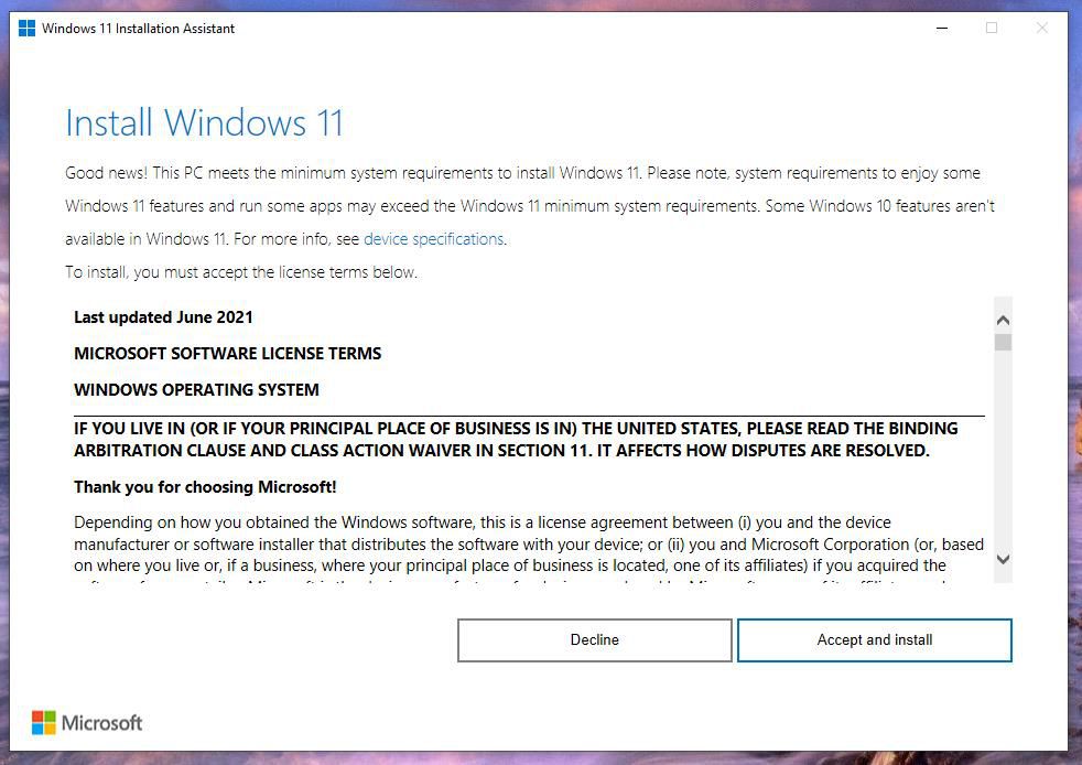 Accept and Install Windows 11