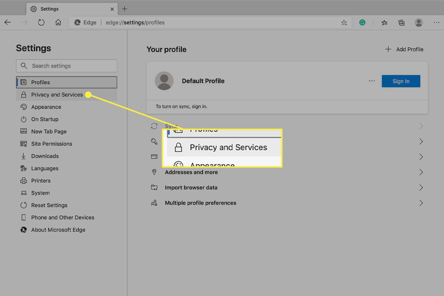 A screenshot of Edge settings with the Privacy and Services heading highlighted